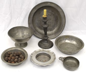 Antique pewter lot w charger, bowls, compote, posnet & candlestick