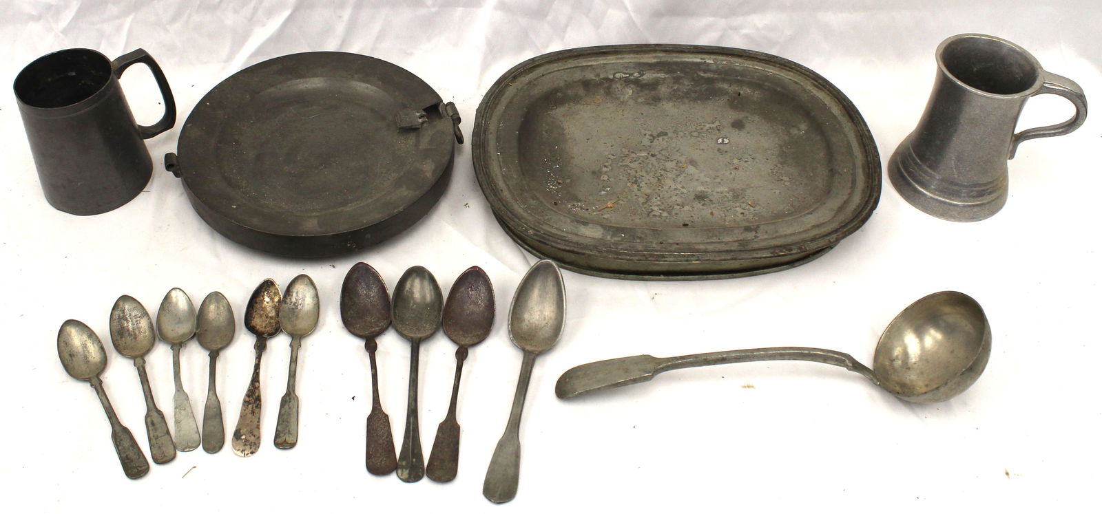 Antique pewter lot w 2 hot water warmers, 2 mugs/steins, ladle & spoons (1 of 7)