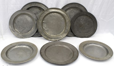 Lot of 8 antique pewter chargers - approx 15" - 17" diam