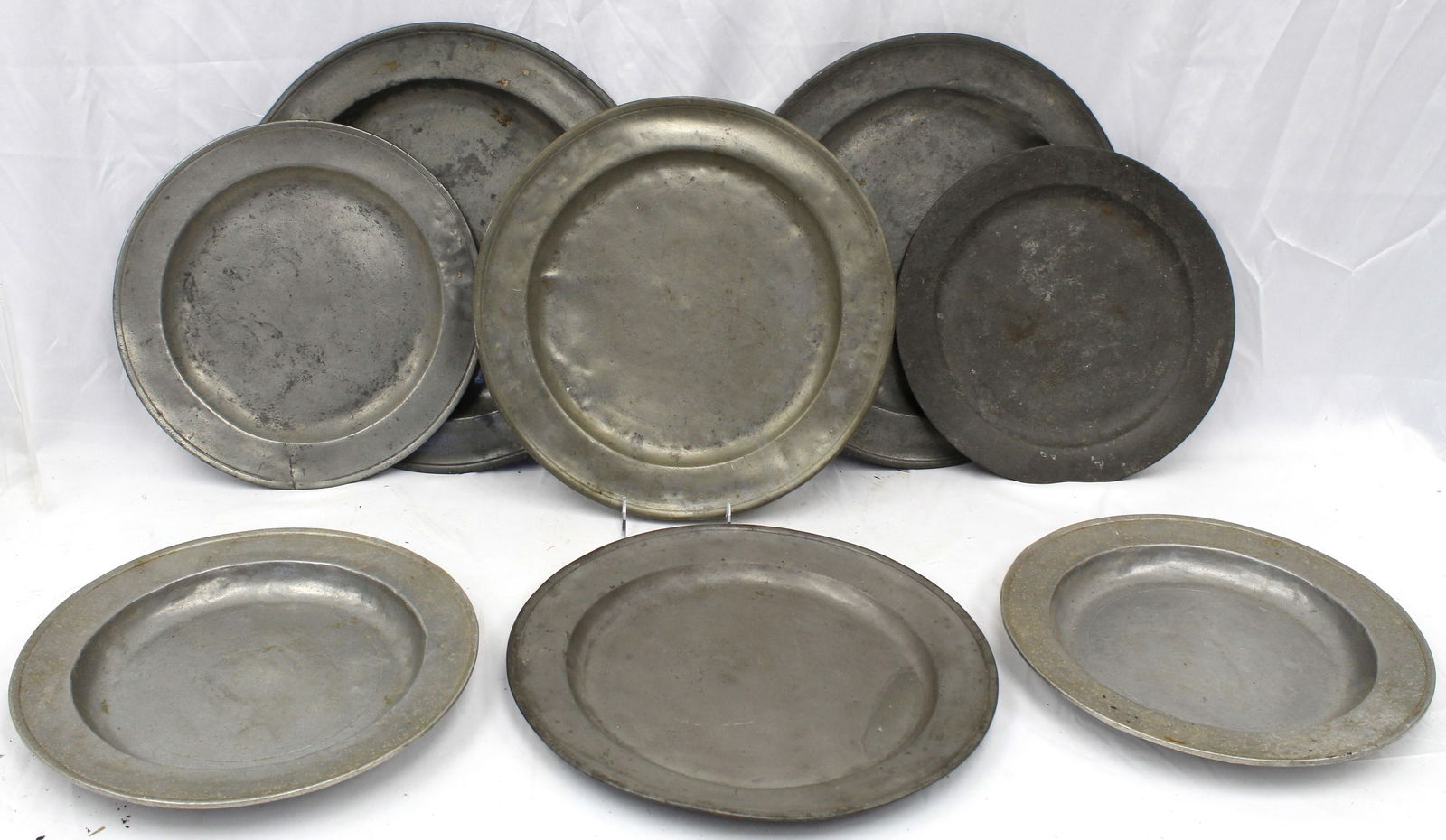 Lot of 8 antique pewter chargers - approx 15" - 17" diam (1 of 7)