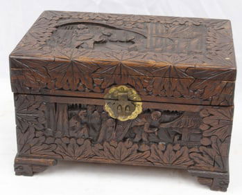 Carved wooden valuables box w Asian motif & lock - 9" tall x 14" wide x 9" deep