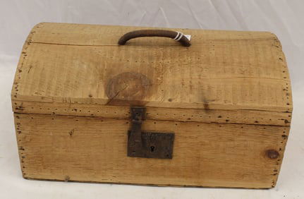Antique wooden dometop trunk w label on interior "Nathan Neat Saddle & Trunk Maker - Boston" - 8