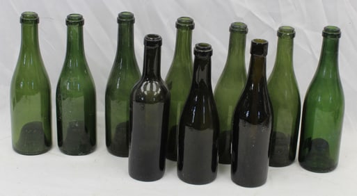 Lot of 10 green glass bottles - 9 1/2"-10" tall