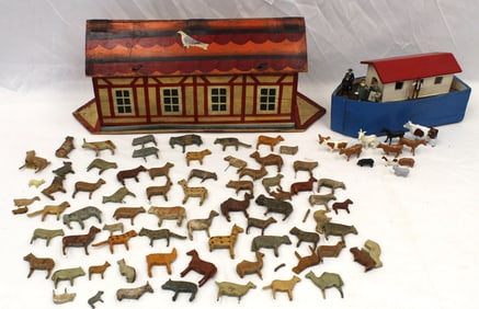 Wooden painted Noah's Ark w several wooden carved animals together w a wooden painted tug boat w