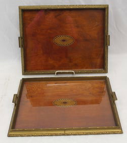 Lot of 2 mahogany inlaid serving trays w glass covered surface - 12 1/2"x16 1/2"