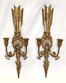 Pair of carved wooden painted w tin arms candle sconces in arrow form - 20" tall