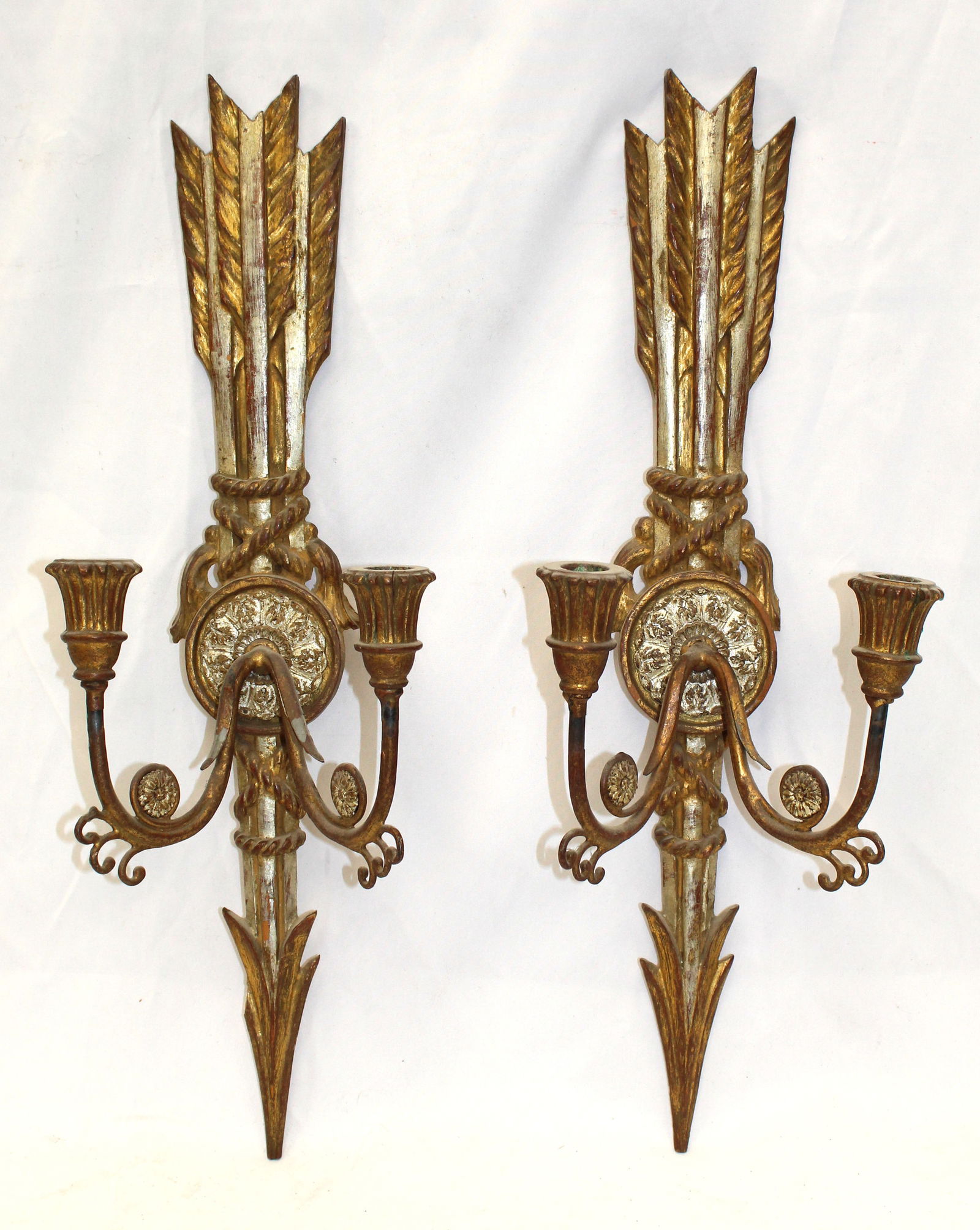 Pair of carved wooden painted w tin arms candle sconces in arrow form - 20" tall (1 of 9)