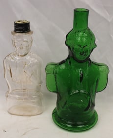 Lot of 2 figural glass bottles - Green George Washington & clear Abraham Lincoln - 9 3/4" & 8 1/2"