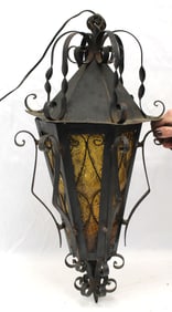 Vintage iron hanging light fixture w amber glass - 25" tall