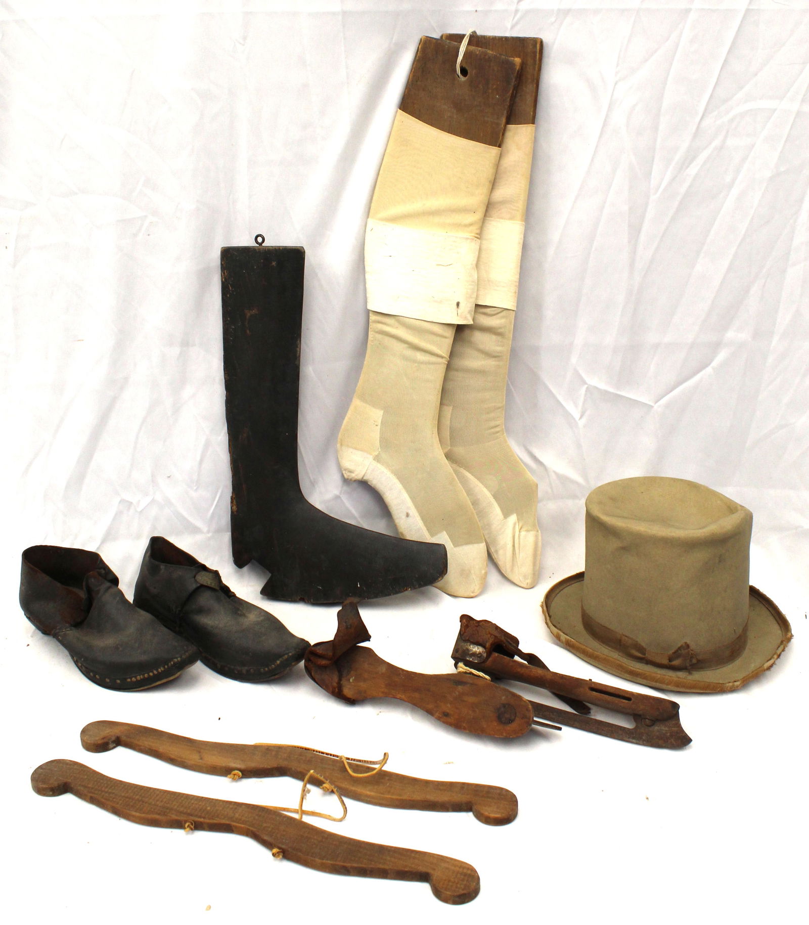 Antique clothing related lot incl hangers, hat, sock forms, shoes & ice skates (1 of 7)