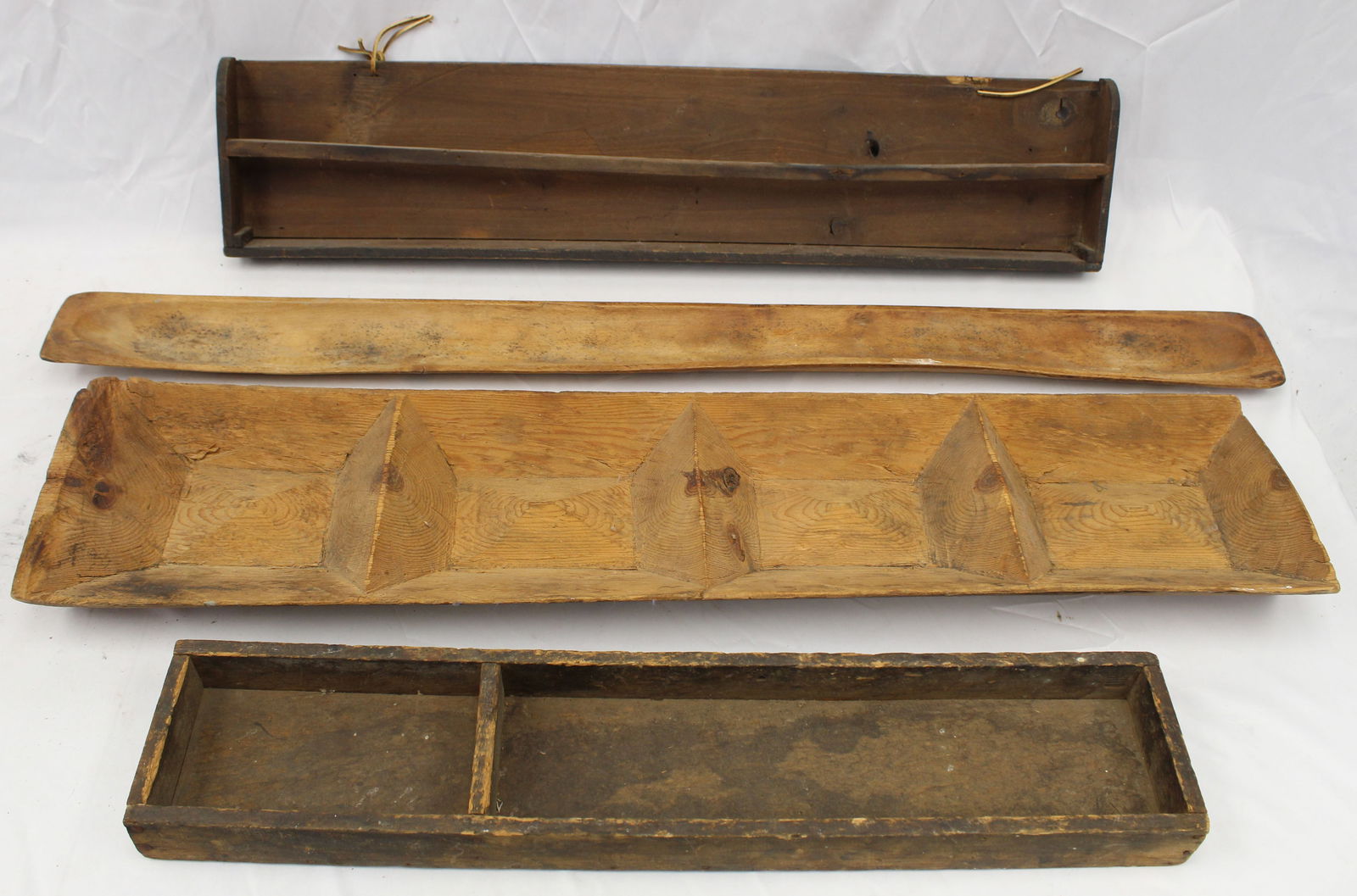 Lot of 4 treen items incl baguette holder, hanging wall shelf, etc - 25"-40" long (1 of 6)
