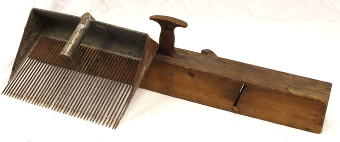 Antique large wooden plane together with an iron cranberry scoop