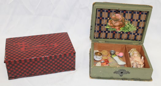 Antique folding tin lunch box together w an antique box w bisque doll & accessories inside