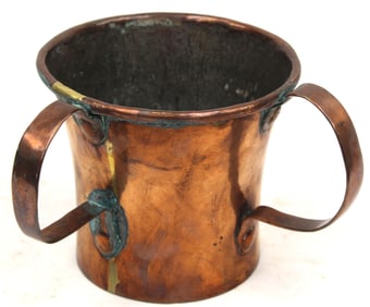 Ca 1790's-1800 copper party grog w 3 handles - 5 1/2" tall x 6 1/4" diam