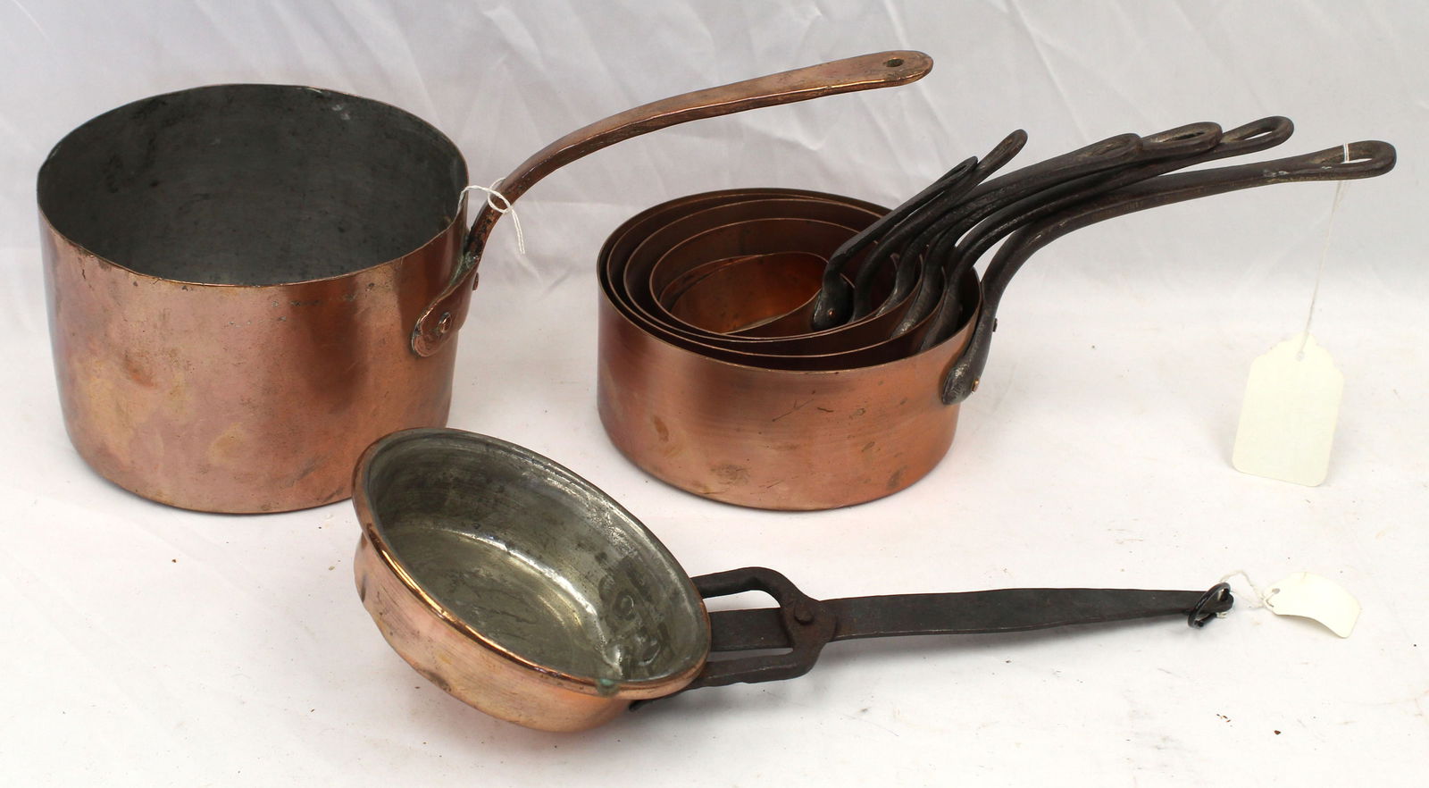 Lot of 8 copper pots incl graduated set of 6 w iron handles (1 of 7)
