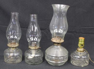 Lot of 4 clear glass kerosene lamps - 1 electrified
