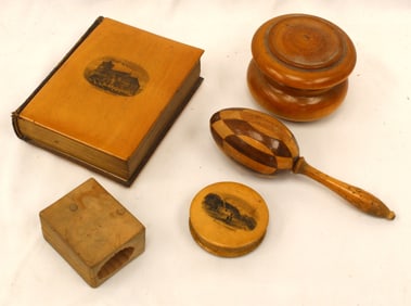 Antique treen lot incl small photo album, rooster candy mold, darning egg & 2 trinket boxes