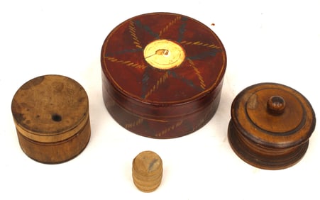Lot of 4 small round wooden trinket boxes some with contents incl miniature weights
