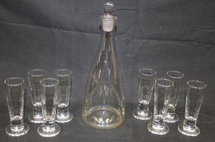 Antique clear glass decanter w stopper plus 8 cordials