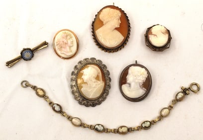 Antique cameo lot incl bracelet, 5 brooches & a bar pin
