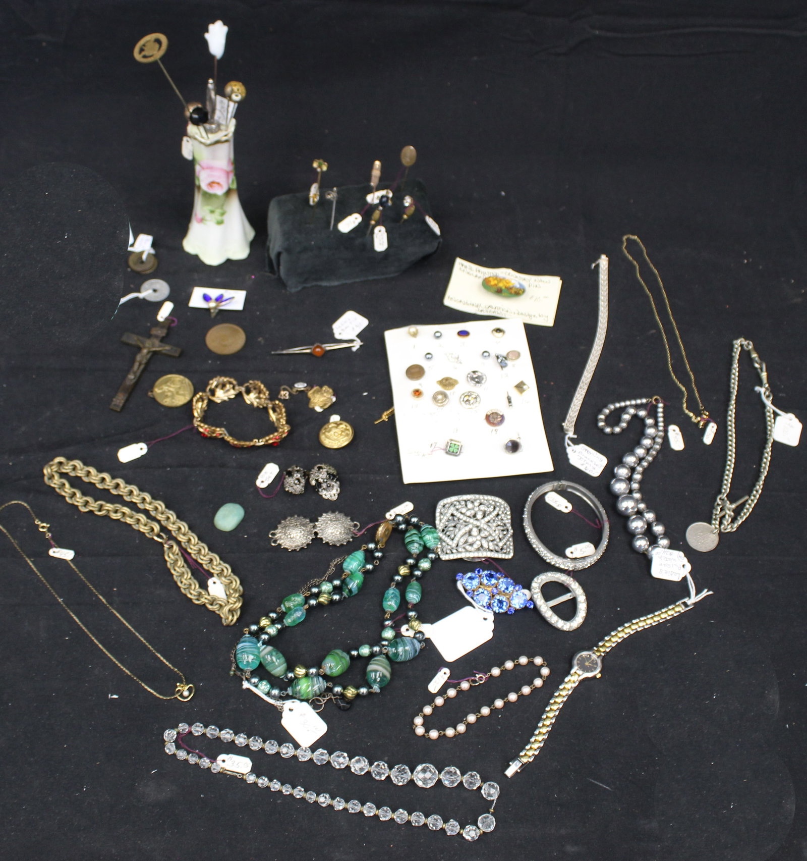 Lot of costume jewelry plus hat pins & tie pins & porcelain hat pin holder.: Lot of costume jewelry plus hat pins & tie pins & porcelain hat pin holder.