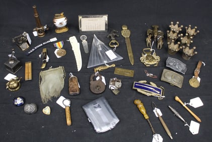 Lot of interesting miniatures incl button hooks, napkin rings, belt buckles, purses, lighter, letter