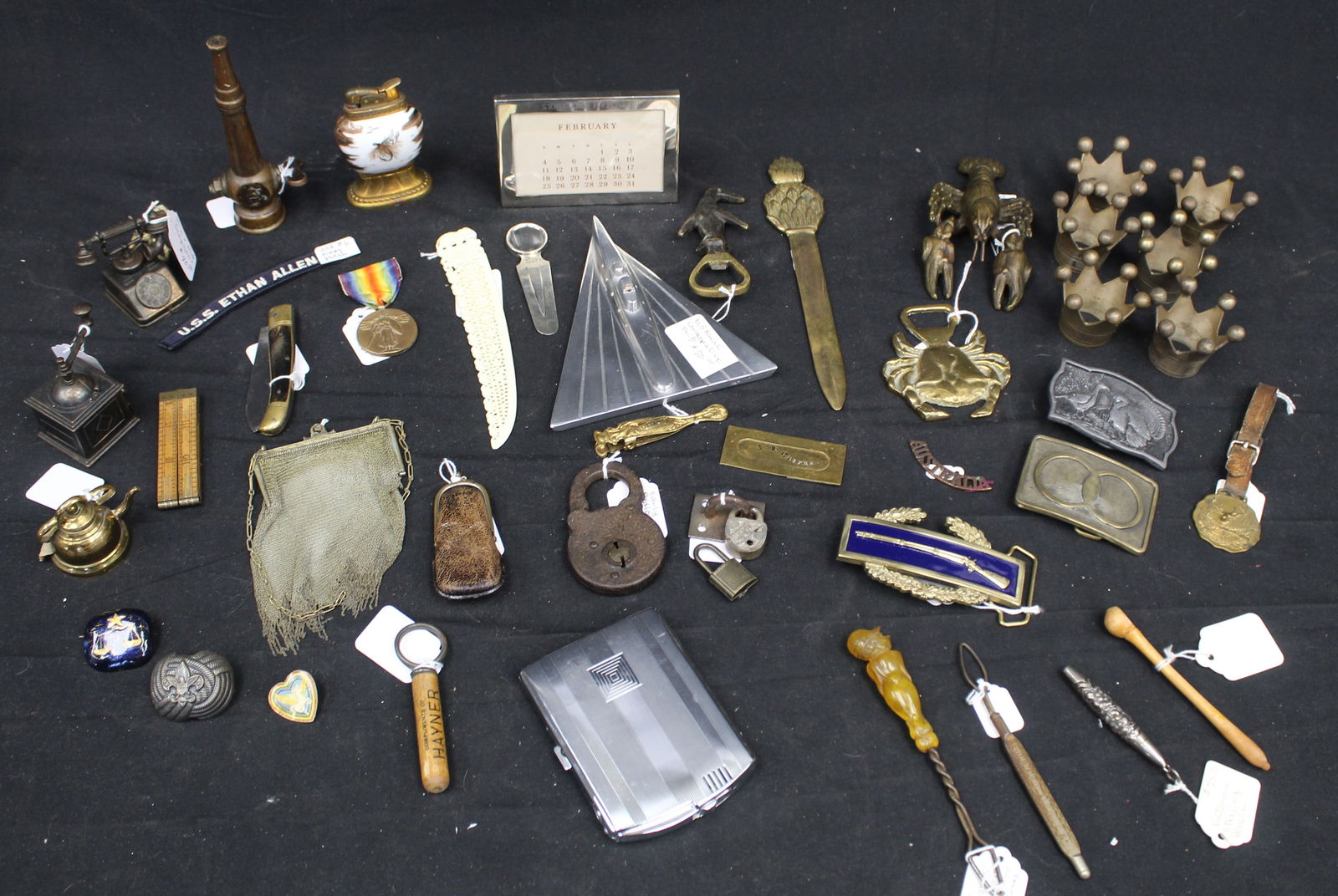 Lot of interesting miniatures incl button hooks, napkin rings, belt buckles, purses, lighter, letter (1 of 12)