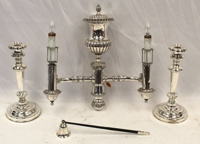 Silverplate electrified wall sconce together w a pair of weighter silverplate candlesticks & long