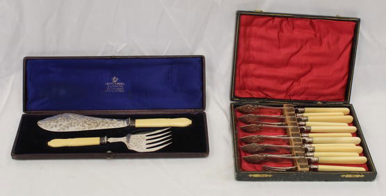 Lot of 2 orig boxed fish bone handled utensils incl set of 6 knives & forks plus a knife & fork