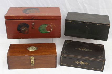 Lot of 4 antique valuable boxes incl paint decorated & one filled with sewing accessories - largest
