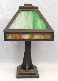 Mission Oak green & caramel slag glass lamp - as found with no lightin/electric components - base &