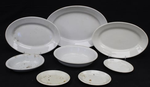 Lot of 8 oval ironstone platters, small dishes & bowls - 6 1/4" - 16" long