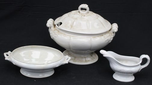 Lot of 3 pieces of ironstone incl covered tureen, open vegetable & gravy w small ladle