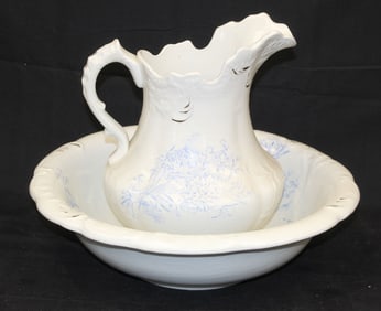 Antique porcelain pitcher & bowl set w blue floral dec "Victor" pattern