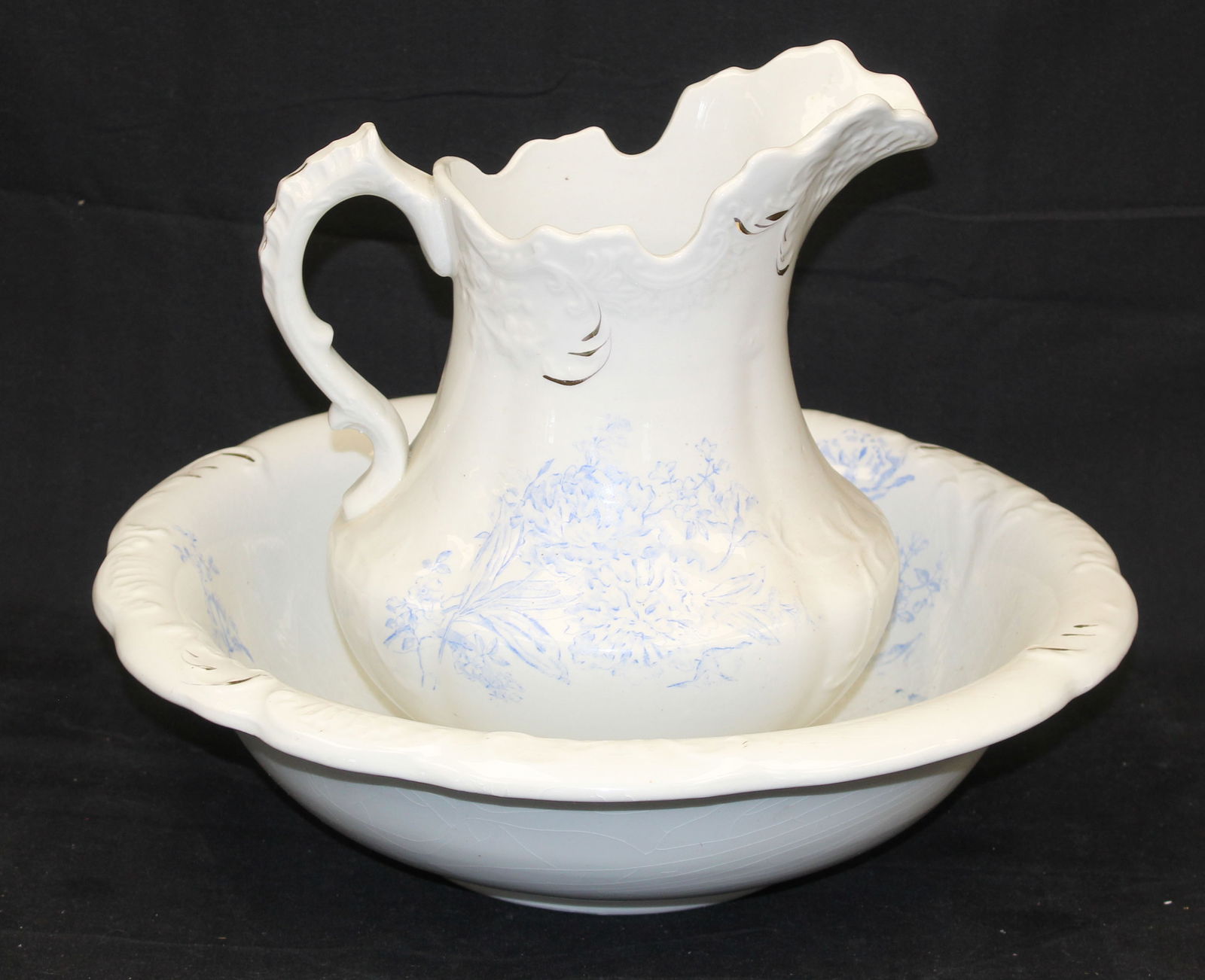 Antique porcelain pitcher & bowl set w blue floral dec "Victor" pattern (1 of 4)