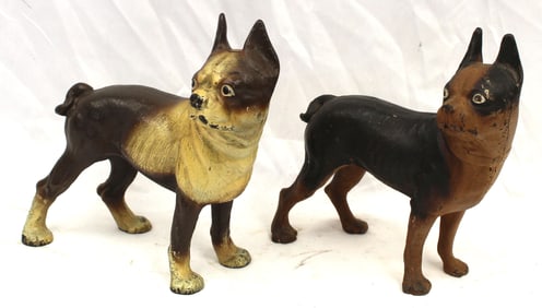 Lot of 2 cast iron painted Terrier dog doorstops - 9" long x 8 1/2" tall