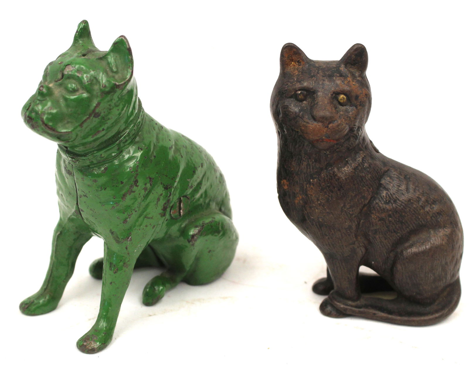 Lot of 2 cast iron still banks - dog in green paint & seated cat - 4 1/4" & 4" tall (1 of 4)