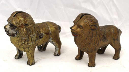 Lot of 2 cast iron Lion still banks - 5" tall x 6" long