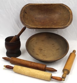 Antique treen lot incl large 15" round bowl, trencher, 3 rolling pins & a mortar & pestle