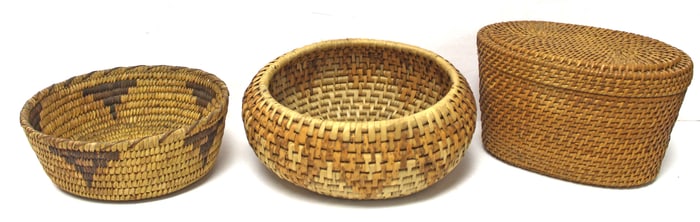 Lot of 3 Native American baskets - covered oval 5" tall x 8 1/2"; 8" & 9" diam