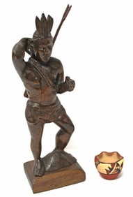 Carved wood Native American w quiver & arrows sculpture together w a Jemez miniature pot - 9 1/2"