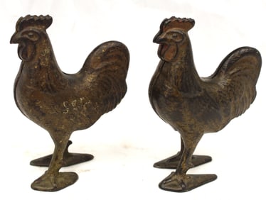 Pair of cast iron rooster still banks - 5" tall