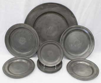 Lot of 18 antique pewter chargers w family crest centers - 9",10", 13", 20" diam