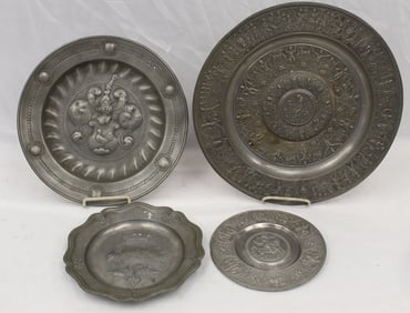 Lot of 4 antique pewter chargers - 8", 9", 12 1/2" & 15" diam
