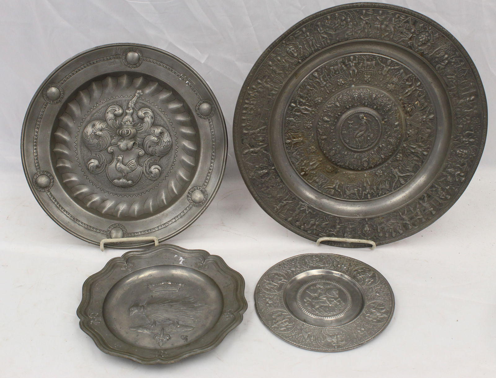 Lot of 4 antique pewter chargers - 8", 9", 12 1/2" & 15" diam (1 of 9)