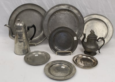 Lot of 9 pewter items incl chargers, plates & 12" coffee pot & 8" teapot - 8", 9 1/2" 12" & 15"