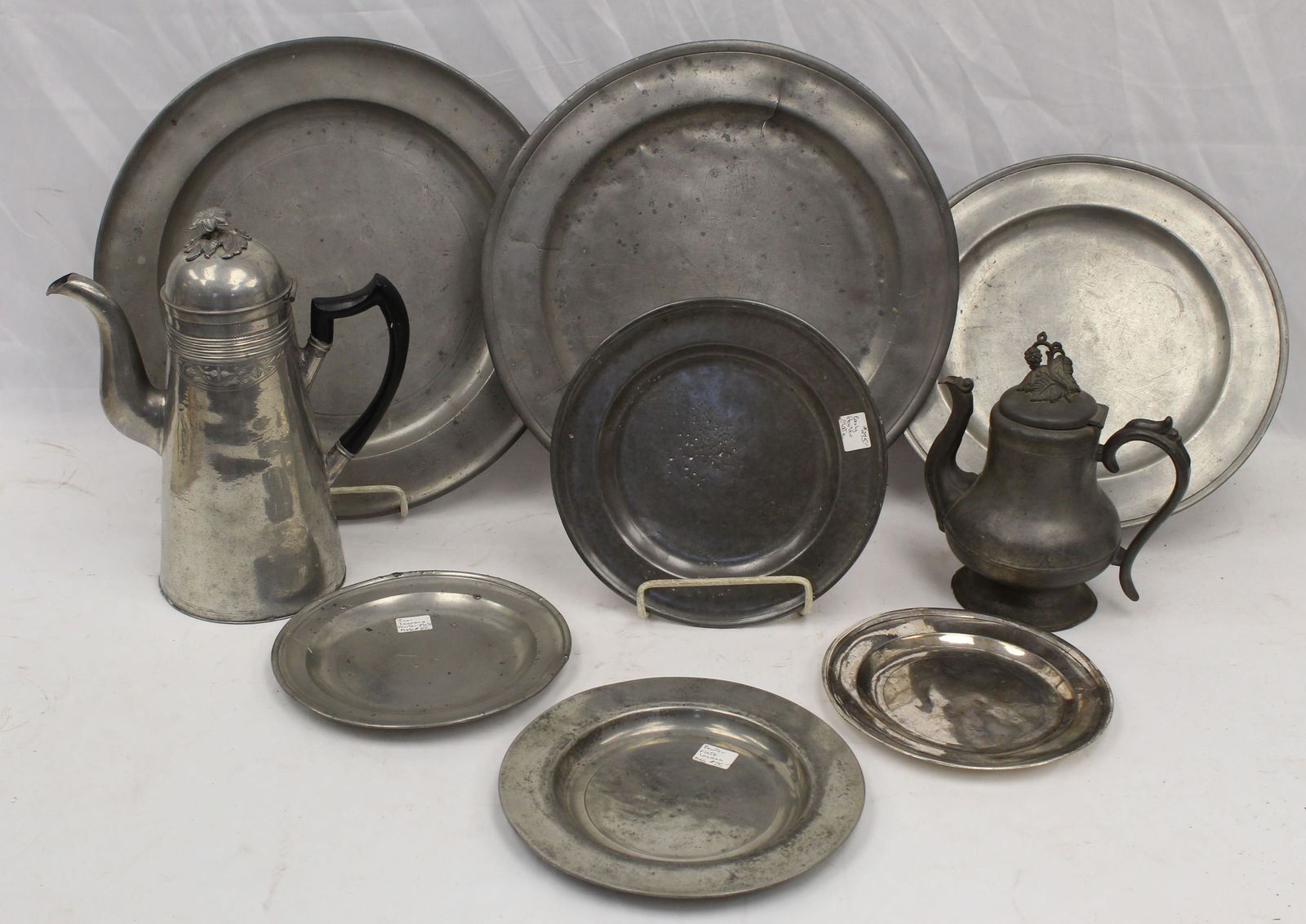 Lot of 9 pewter items incl chargers, plates & 12" coffee pot & 8" teapot - 8", 9 1/2" 12" & 15" (1 of 7)