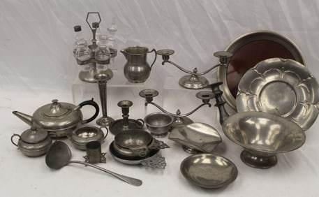 Mixed metals lot incl pewter, silverplate & aluminum - candlesticks, chargers, cruet set, ladle,