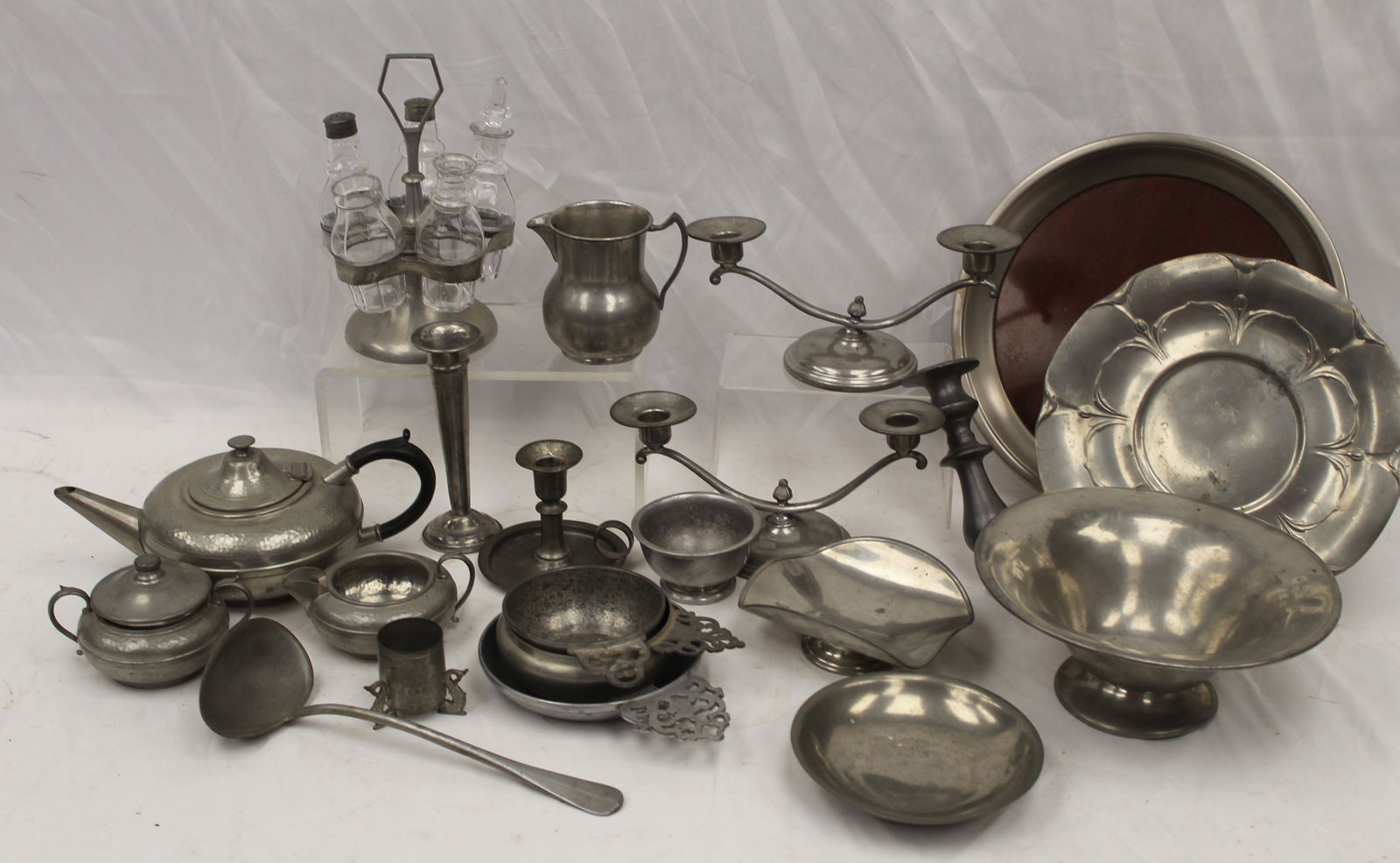 Mixed metals lot incl pewter, silverplate & aluminum - candlesticks, chargers, cruet set, ladle, (1 of 5)