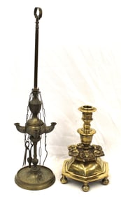 Continental brass candlestick & 4 burner brass lucerne lamp